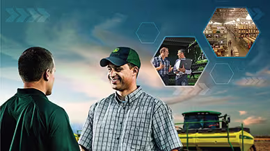 dois homens conversando com trator John Deere de fundo